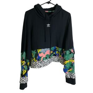 Adidas HER Studio London Hoodie Sweatshirt Womens Size XL Black Floral Cropped